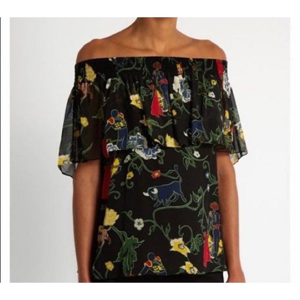 Tibi Off-the-Shoulder Seville Print Ruffle Silk Top XS Matador Floral Motiff